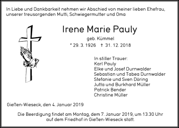 Traueranzeige von Irene Marie Pauly von 560 Gießener Anzeiger