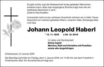 Traueranzeige von Johann Leopold Haberl von 561 Kreisanzeiger