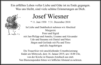 Traueranzeige von Josef Wiesner von 564 Usinger Anzeiger