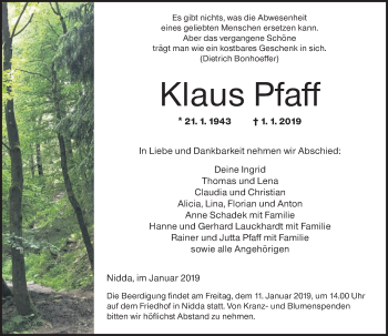 Traueranzeige von Klaus Pfaff von 561 Kreisanzeiger Traueranzeige von Klaus Pfaff von 561 Kreisanzeiger