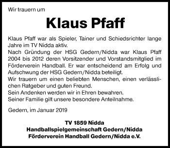Traueranzeige von Klaus Pfaff von 561 Kreisanzeiger Traueranzeige von Klaus Pfaff von 561 Kreisanzeiger