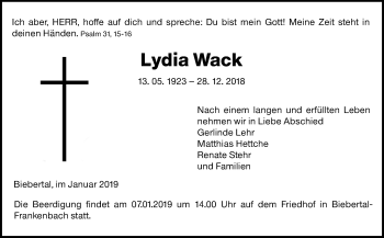 Traueranzeige von Lydia Wack von 560 Gießener Anzeiger
