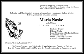 Traueranzeige von Maria Noske von 560 Gießener Anzeiger