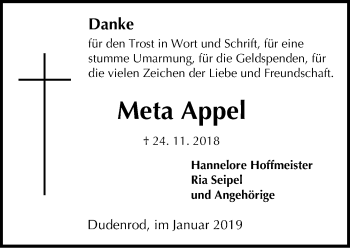 Traueranzeige von Meta Appel von 561 Kreisanzeiger