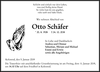 Traueranzeige von Otto Schäfer von 561 Kreisanzeiger