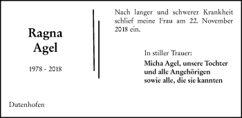 Traueranzeige von Ragna Agel von 560 Gießener Anzeiger