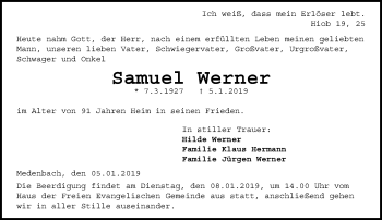 Traueranzeige von Samuel Werner von 201 WNZ - Wetzlarer Neue Zeitung (110)