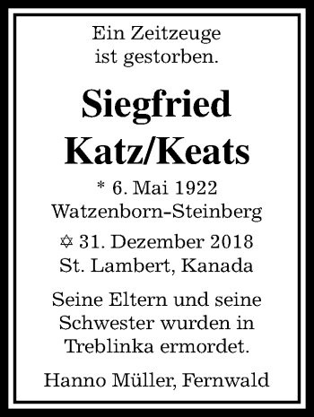 Traueranzeige von Siegfried Katz von 560 Gießener Anzeiger