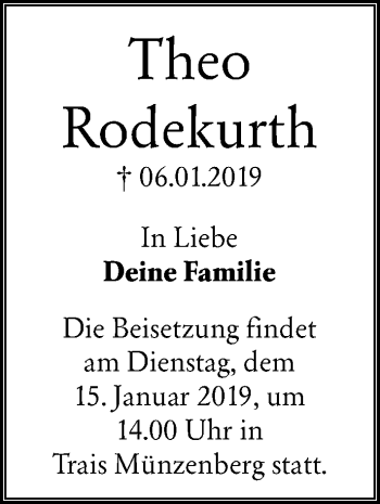 Traueranzeige von Theo Rodekurth von 561 Kreisanzeiger