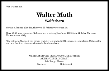 Traueranzeige von Walter Muth von 561 Kreisanzeiger