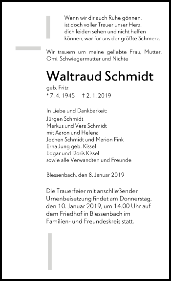 Traueranzeige von Waltraud Schmidt von 206 WT - Weilburger Tageblatt (140)