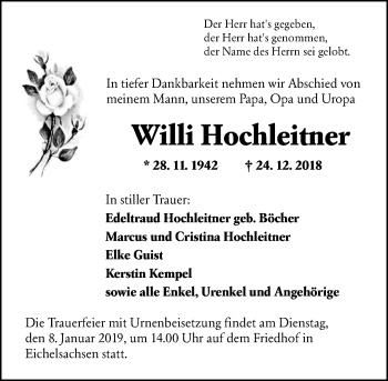 Traueranzeige von Willi Hochleitner von 561 Kreisanzeiger