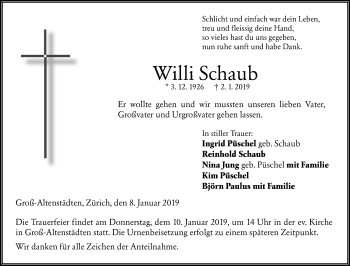 Traueranzeige von Willi Schaub von 201 WNZ - Wetzlarer Neue Zeitung (110)