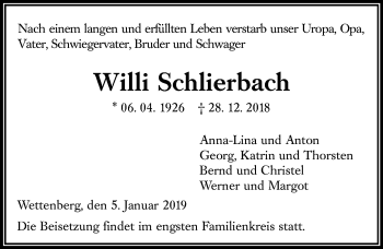 Traueranzeige von Willi Schlierbach von 560 Gießener Anzeiger