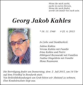 Traueranzeige von Georg Jakob Kahles von Odenwälder Echo