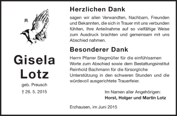 Traueranzeige von Gisela Lotz von Echo-Zeitungen (Gesamtausgabe)