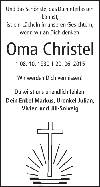 Traueranzeige von Christel  von Odenwälder Echo