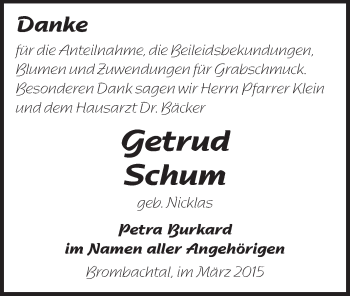 Traueranzeige von Getrud Schum von Odenwälder Echo
