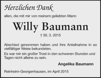 Traueranzeige von Willy Baumann von Echo-Zeitungen (Gesamtausgabe)