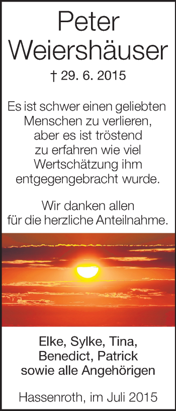 Traueranzeige von Peter Weiershäuser von Odenwälder Echo