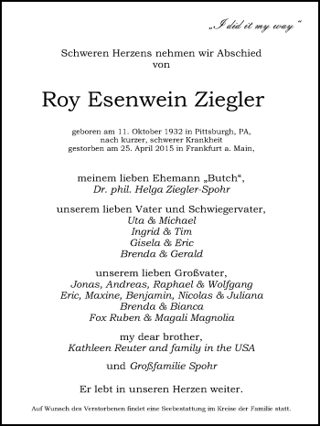 Traueranzeige von Roy  Esenwein Ziegler von Echo-Zeitungen (Gesamtausgabe)