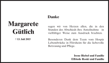 Traueranzeige von Margarete Gütlich von trauer.echo-online.de
