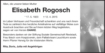 Traueranzeige von Elisabeth Rogosch von Rüsselsheimer Echo, Groß-Gerauer-Echo, Ried Echo