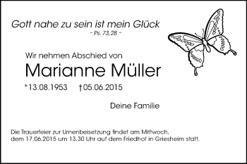 Traueranzeige von Marianne Müller von Echo-Zeitungen (Gesamtausgabe)