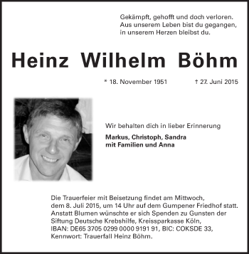 Traueranzeige von Heinz Wilhelm Böhm von Odenwälder Echo