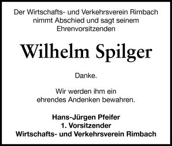 Traueranzeige von Wilhelm Spilger von Starkenburger Echo