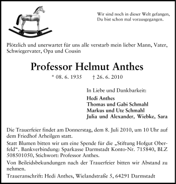 Traueranzeige von Helmut Anthes von Echo-Zeitungen (Gesamtausgabe)