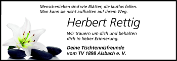 Traueranzeige von Herbert Rettig von Echo-Zeitungen (Gesamtausgabe)