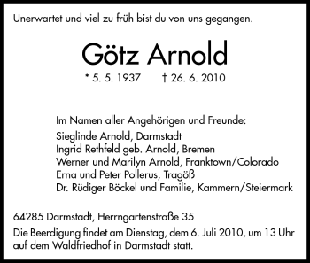 Traueranzeige von Götz Arnold von Darmstädter Echo, Odenwälder Echo, Rüsselsheimer Echo, Groß-Gerauer-Echo, Ried Echo