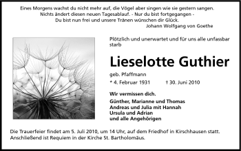 Traueranzeige von Lieselotte Bartholomäus von Starkenburger Echo