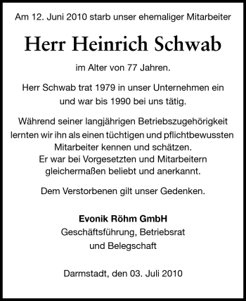 Traueranzeige von Heinrich Schwab von Darmstädter Echo, Odenwälder Echo, Rüsselsheimer Echo, Groß-Gerauer-Echo, Ried Echo