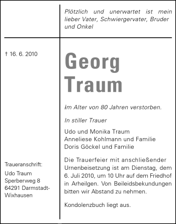 Traueranzeige von Georg Traum von Echo-Zeitungen (Gesamtausgabe)
