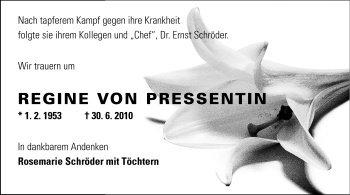 Traueranzeige von Regine von Pressentin von Echo-Zeitungen (Gesamtausgabe)