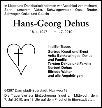 Traueranzeige von Hans-Georg Dehus von Darmstädter Echo, Odenwälder Echo, Rüsselsheimer Echo, Groß-Gerauer-Echo, Ried Echo