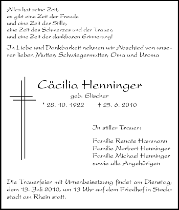 Traueranzeige von Cäcilia Henninger von Rüsselsheimer Echo, Groß-Gerauer-Echo, Ried Echo