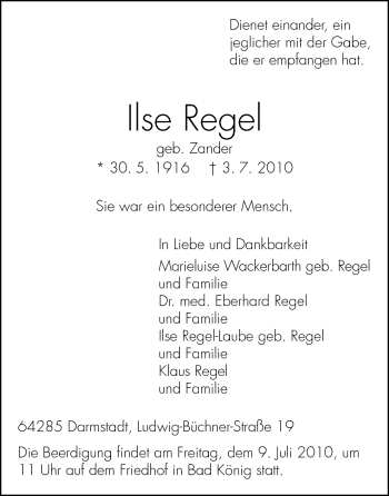 Traueranzeige von Ilse Regel von Darmstädter Echo, Odenwälder Echo, Rüsselsheimer Echo, Groß-Gerauer-Echo, Ried Echo