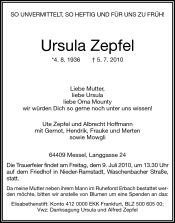 Traueranzeige von Ursula Zepfel von Echo-Zeitungen (Gesamtausgabe)