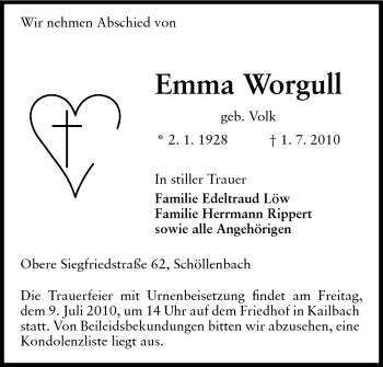 Traueranzeige von Emma Worgull von Odenwälder Echo