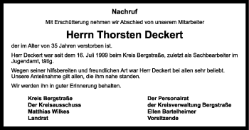 Traueranzeige von Thorsten Deckert von Starkenburger Echo, Bergsträßer Anzeiger