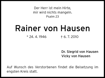 Traueranzeige von Rainer von Hausen von Darmstädter Echo, Odenwälder Echo, Rüsselsheimer Echo, Groß-Gerauer-Echo, Ried Echo