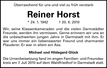 Traueranzeige von Reiner Horst von Darmstädter Echo, Odenwälder Echo, Rüsselsheimer Echo, Groß-Gerauer-Echo, Ried Echo