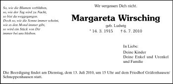 Traueranzeige von Margareta Wirsching von Echo-Zeitungen (Gesamtausgabe)