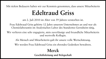 Traueranzeige von Edeltraud  Griss von Rüsselsheimer Echo, Groß-Gerauer-Echo, Ried Echo