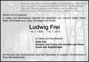 Traueranzeige von Ludwig Frei von Darmstädter Echo, Odenwälder Echo, Rüsselsheimer Echo, Groß-Gerauer-Echo, Ried Echo