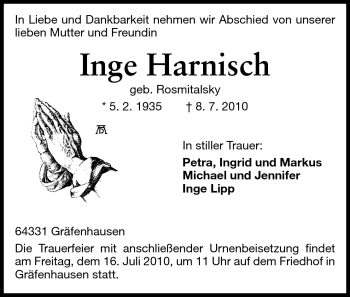 Traueranzeige von Inge Harnisch von Darmstädter Echo, Odenwälder Echo, Rüsselsheimer Echo, Groß-Gerauer-Echo, Ried Echo