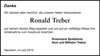 Traueranzeige von Ronald Treber von Rüsselsheimer Echo, Groß-Gerauer-Echo, Ried Echo